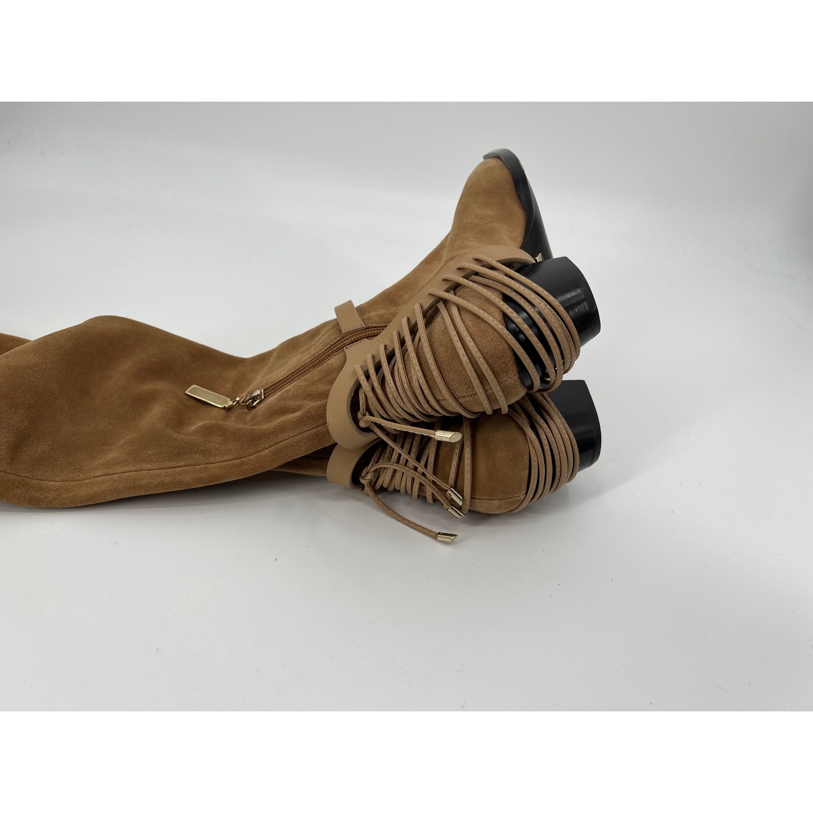 Daniella Shevel Tan Suede Tall Boots Lace Up Heel Harness Pointed Toe Sz 38 Nwot — image 8 of 8